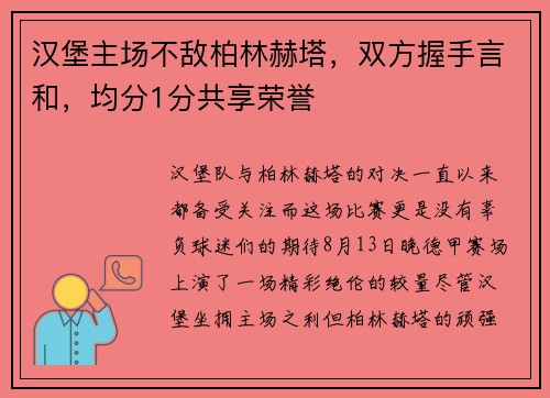 汉堡主场不敌柏林赫塔，双方握手言和，均分1分共享荣誉