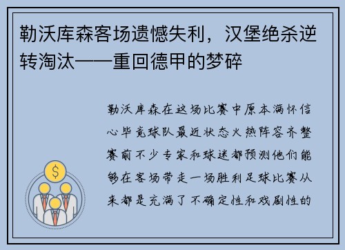 勒沃库森客场遗憾失利，汉堡绝杀逆转淘汰——重回德甲的梦碎