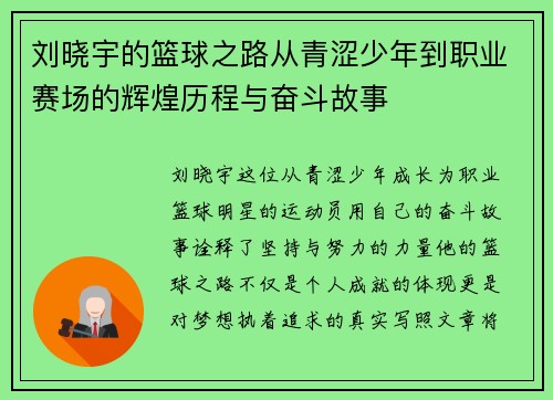 刘晓宇的篮球之路从青涩少年到职业赛场的辉煌历程与奋斗故事