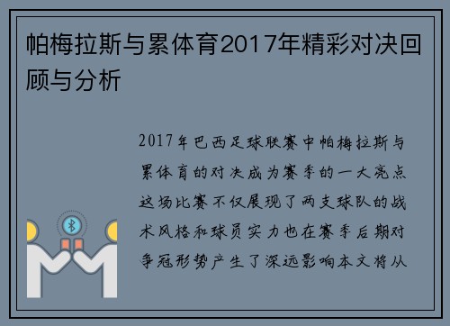 帕梅拉斯与累体育2017年精彩对决回顾与分析