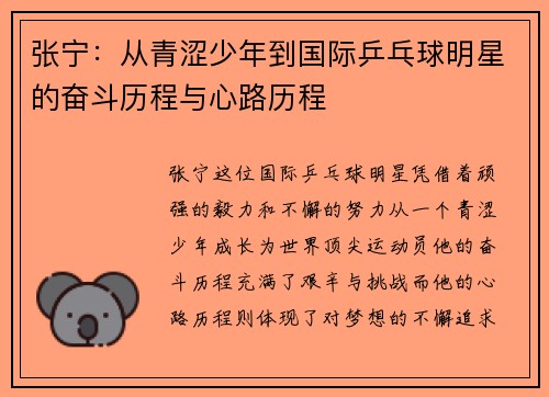 张宁：从青涩少年到国际乒乓球明星的奋斗历程与心路历程