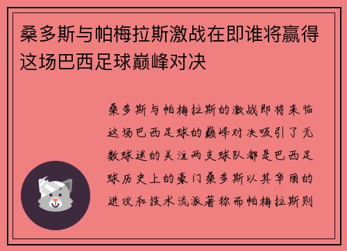 桑多斯与帕梅拉斯激战在即谁将赢得这场巴西足球巅峰对决