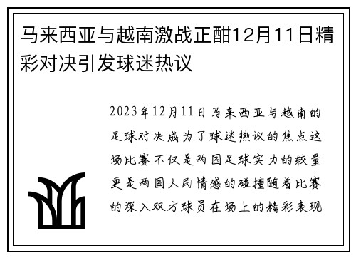马来西亚与越南激战正酣12月11日精彩对决引发球迷热议
