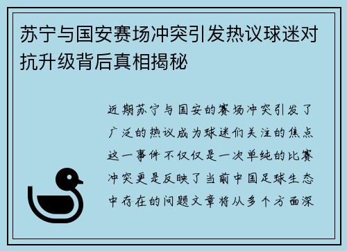 苏宁与国安赛场冲突引发热议球迷对抗升级背后真相揭秘