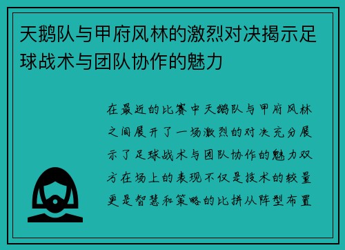 天鹅队与甲府风林的激烈对决揭示足球战术与团队协作的魅力