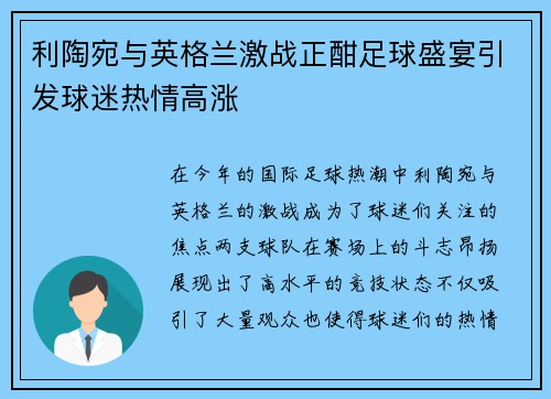 利陶宛与英格兰激战正酣足球盛宴引发球迷热情高涨