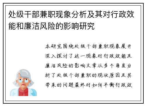 处级干部兼职现象分析及其对行政效能和廉洁风险的影响研究