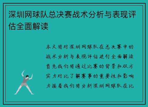 深圳网球队总决赛战术分析与表现评估全面解读
