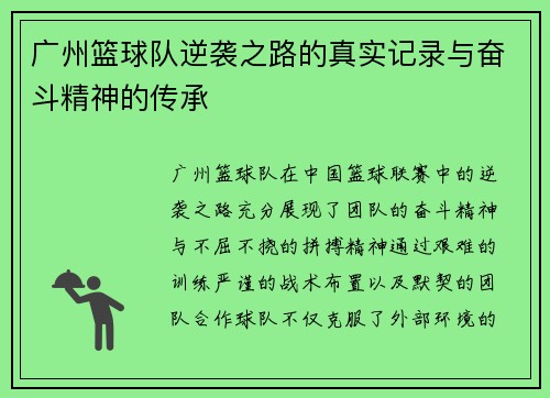 广州篮球队逆袭之路的真实记录与奋斗精神的传承