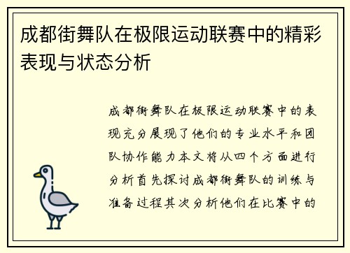 成都街舞队在极限运动联赛中的精彩表现与状态分析