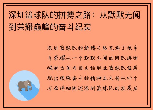 深圳篮球队的拼搏之路：从默默无闻到荣耀巅峰的奋斗纪实